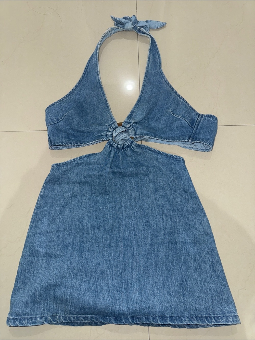 Show Me Your MuMu Blue Denim Halter Mini Dress with Knot